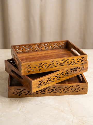 Wooden Floral Carved Tray Set